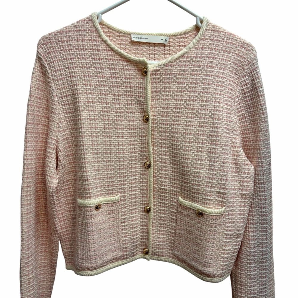 Love Bonito Pink Tweed Style Textured Knit Cardigan with Gold Crest Buttons